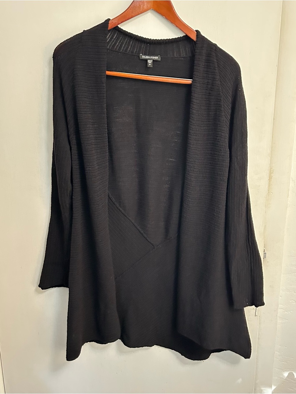 Eileen Fisher wool cardigan open front asymmetrical hem black size M